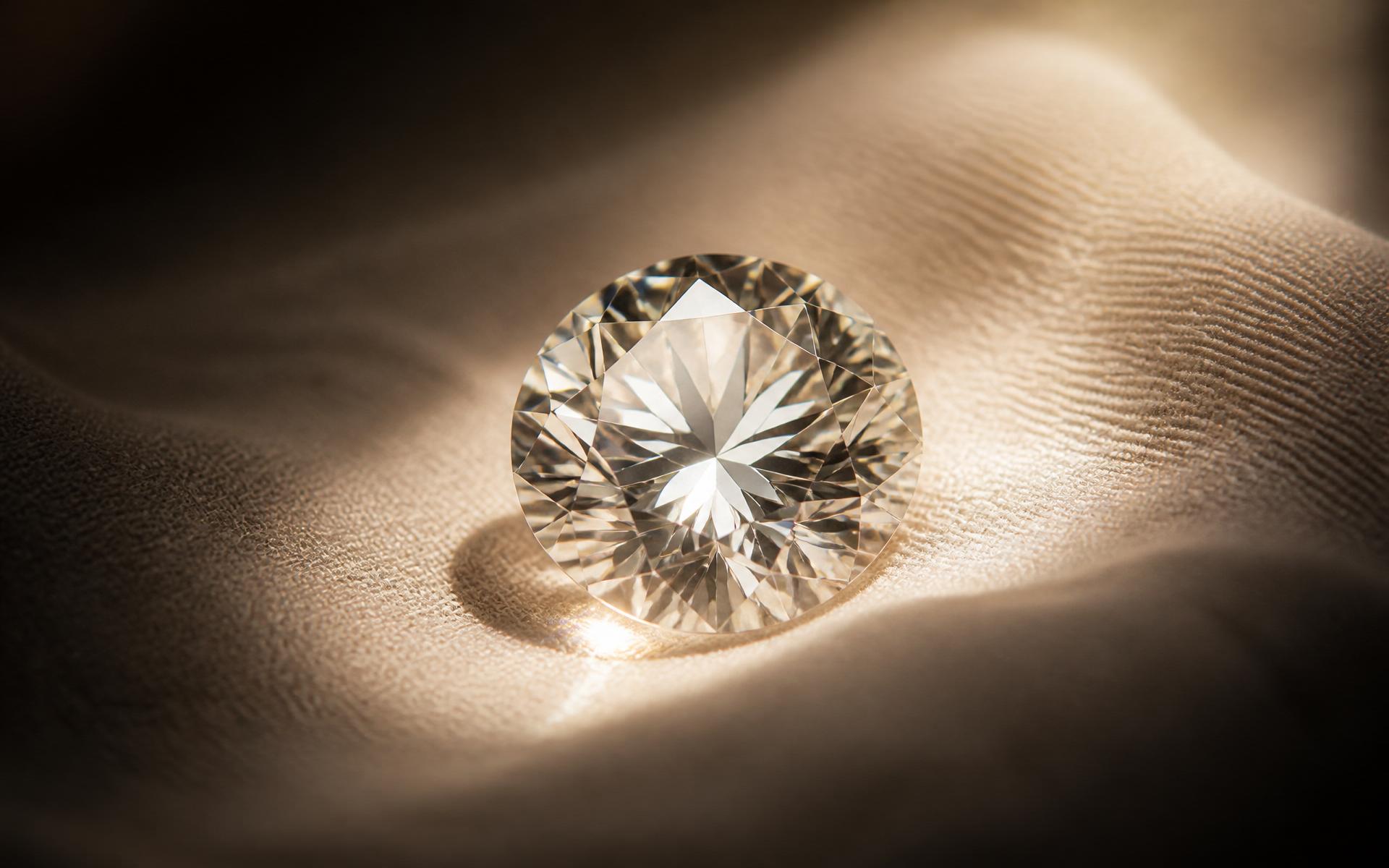 A brilliant-cut diamond resting on soft fabric under warm light